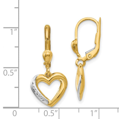 14K Yellow & Rhodium And Textured Polished Heart Leverback Earring