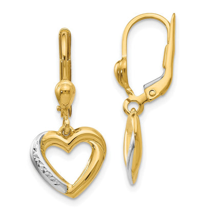 14K Yellow & Rhodium And Textured Polished Heart Leverback Earring