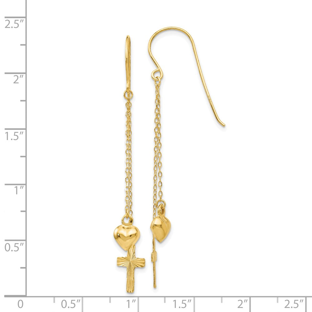 14K Yellow Gold Ropa Chain Puffed Heart And Diamond Cut Cross Dangle Earrings