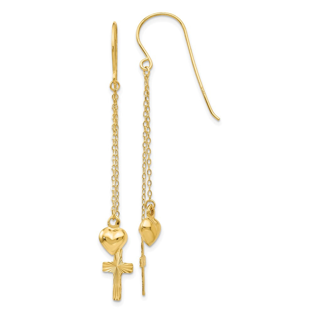 14K Yellow Gold Ropa Chain Puffed Heart And Diamond Cut Cross Dangle Earrings