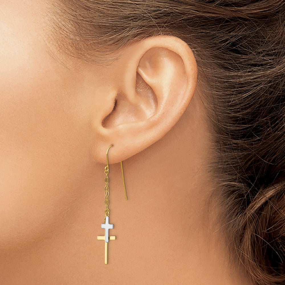 14K Two Tone Chain Dangle Cross Shepherd Hook Earrings