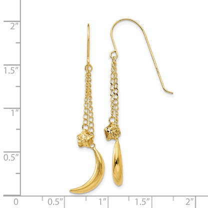 14K Yellow Gold Chain Dangle Puffed Moon & Stars Shepherd Hook Earrings