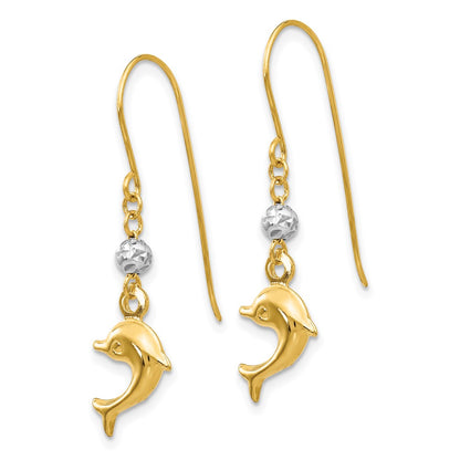 14K Two Tone Toned Puffed Dolphin Shepherd Hook Earrings