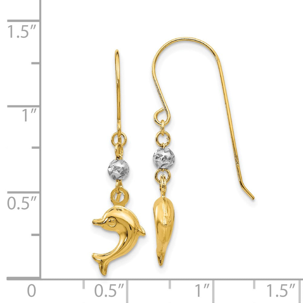 14K Two Tone Toned Puffed Dolphin Shepherd Hook Earrings