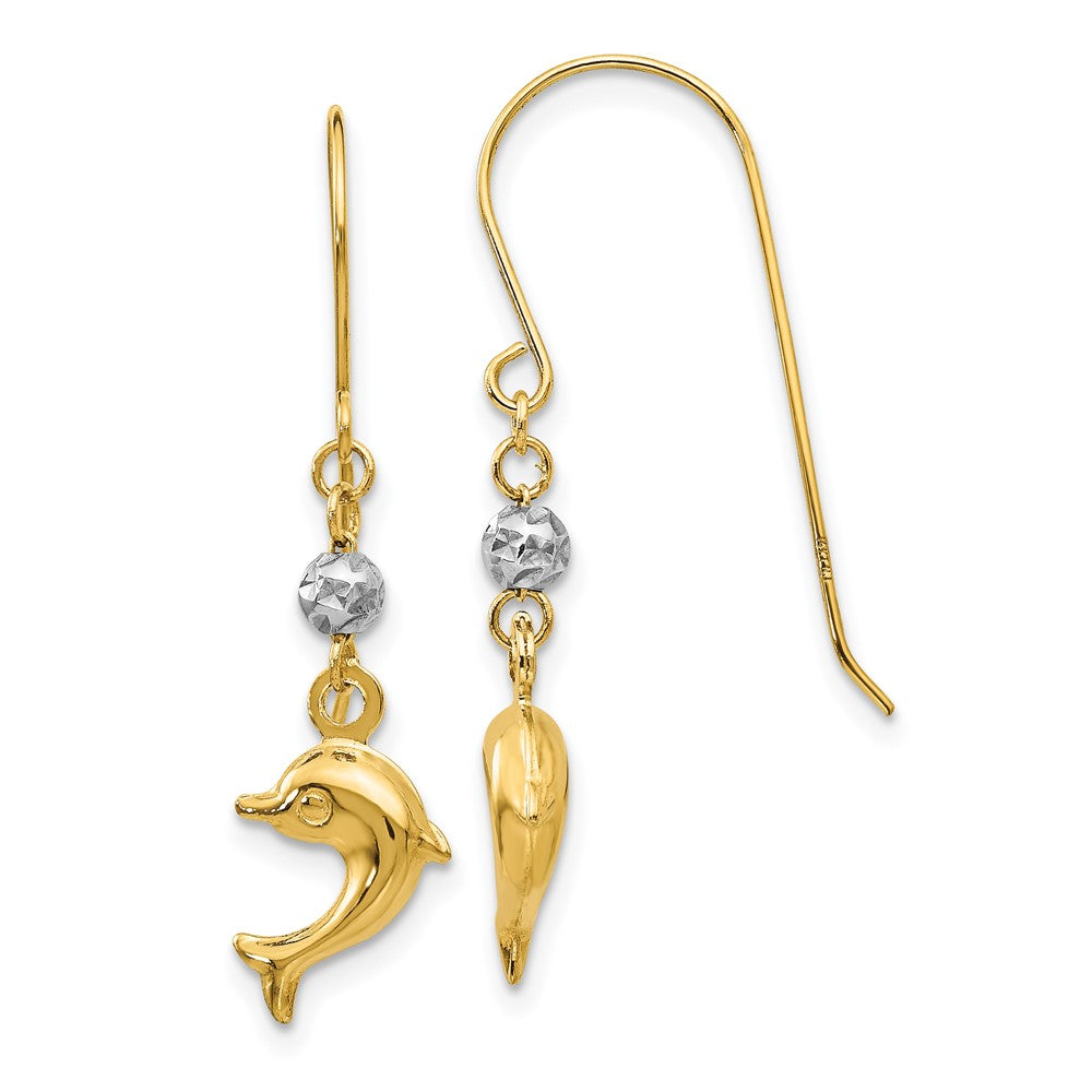14K Two Tone Toned Puffed Dolphin Shepherd Hook Earrings