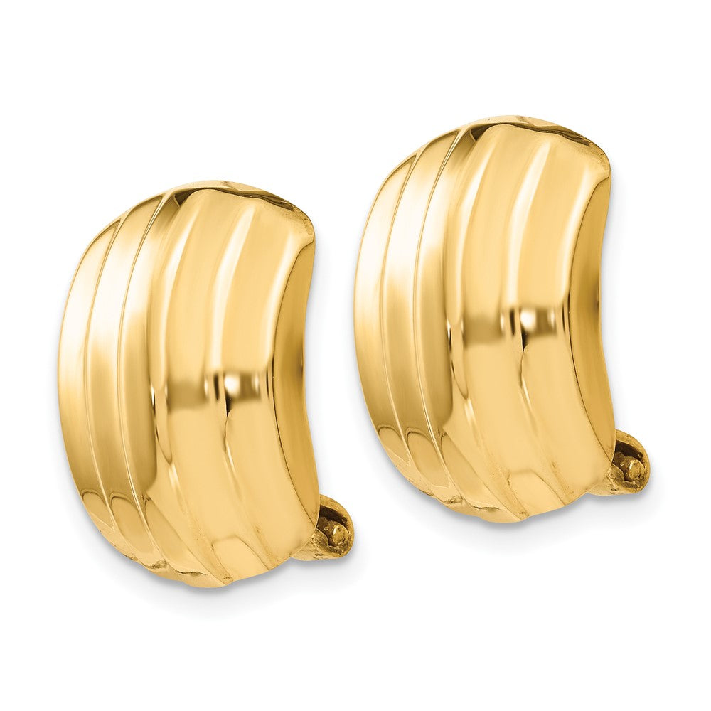 14K Yellow Gold Polished Ribbed Non Pierced Omega Back Earrings