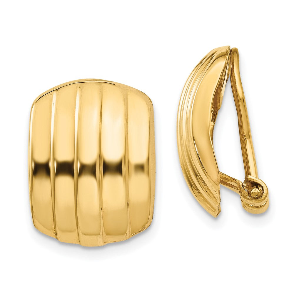 14K Yellow Gold Polished Ribbed Non Pierced Omega Back Earrings