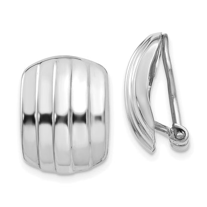 14K White Gold Polished Ribbed Non Pierced Omega Back Earrings