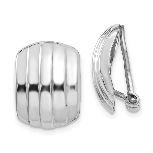 14K White Gold Polished Ribbed Non Pierced Omega Back Earrings