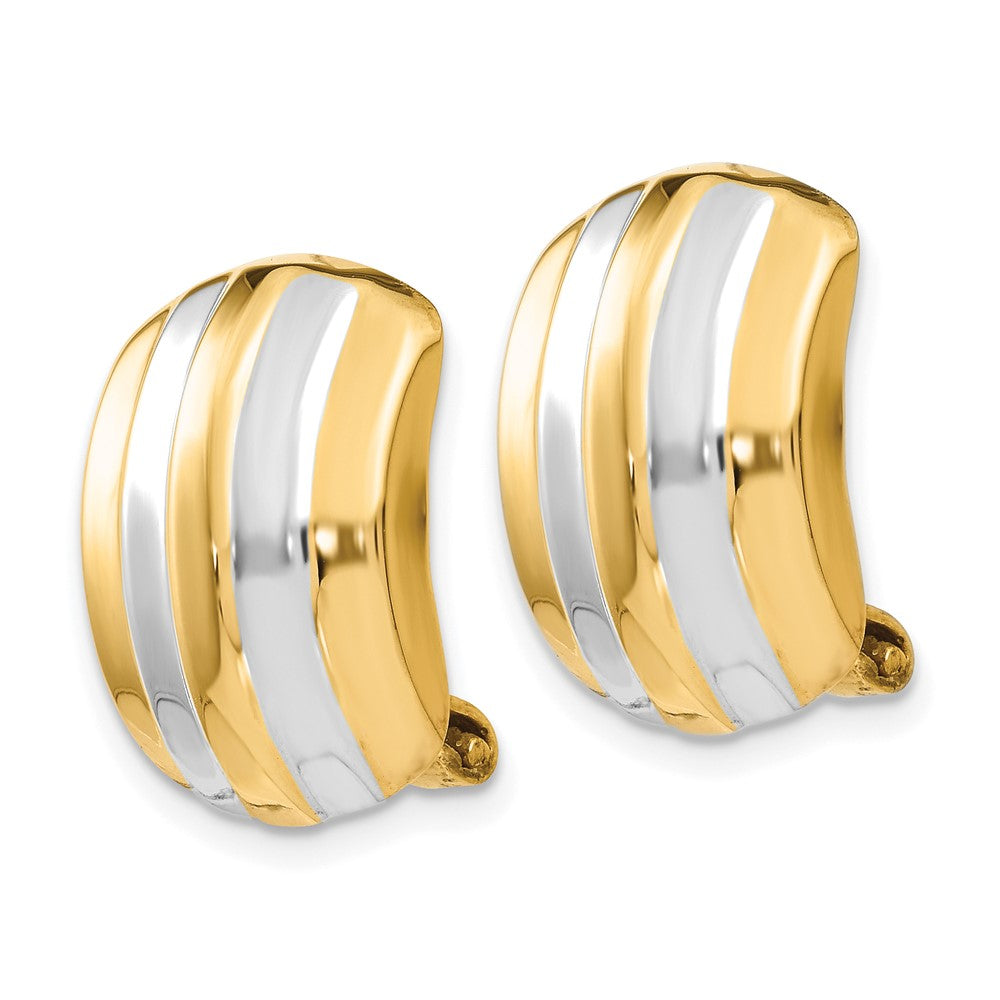 14K Yellow & Rhodium Ribbed Non Pierced Omega Back Earrings