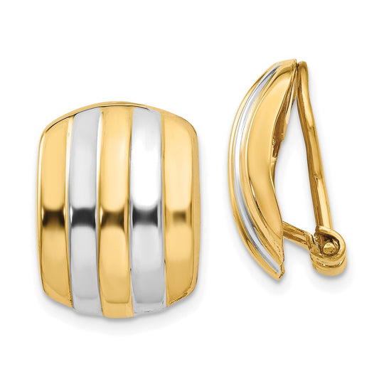 14K Yellow & Rhodium Ribbed Non Pierced Omega Back Earrings