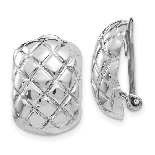 14K White Gold Polished Quilted Non Pierced Omega Back Earrings