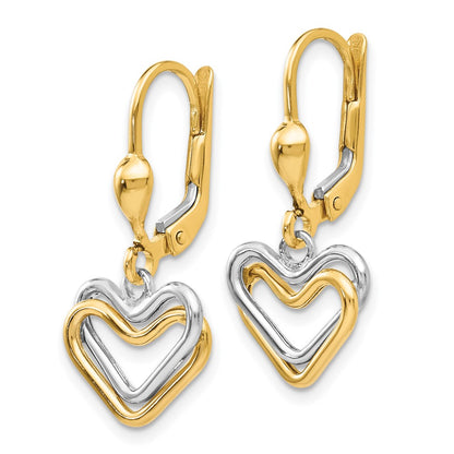 14K Two Tone Heart Leverback Dangle Earrings