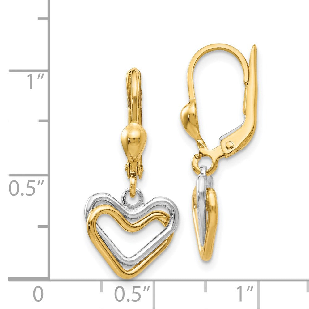 14K Two Tone Heart Leverback Dangle Earrings