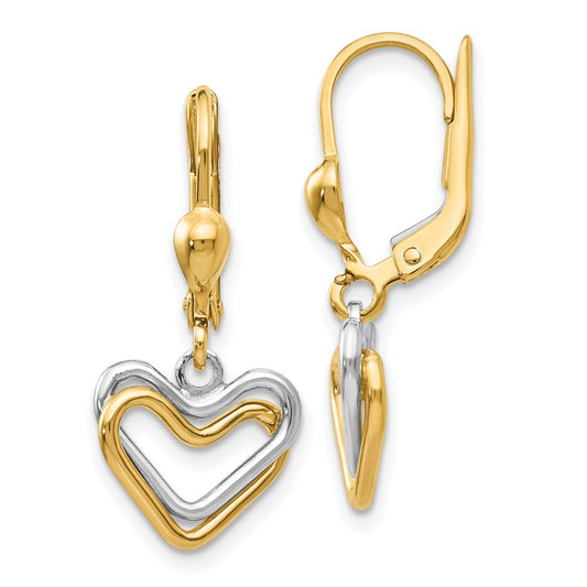 14K Two Tone Heart Leverback Dangle Earrings