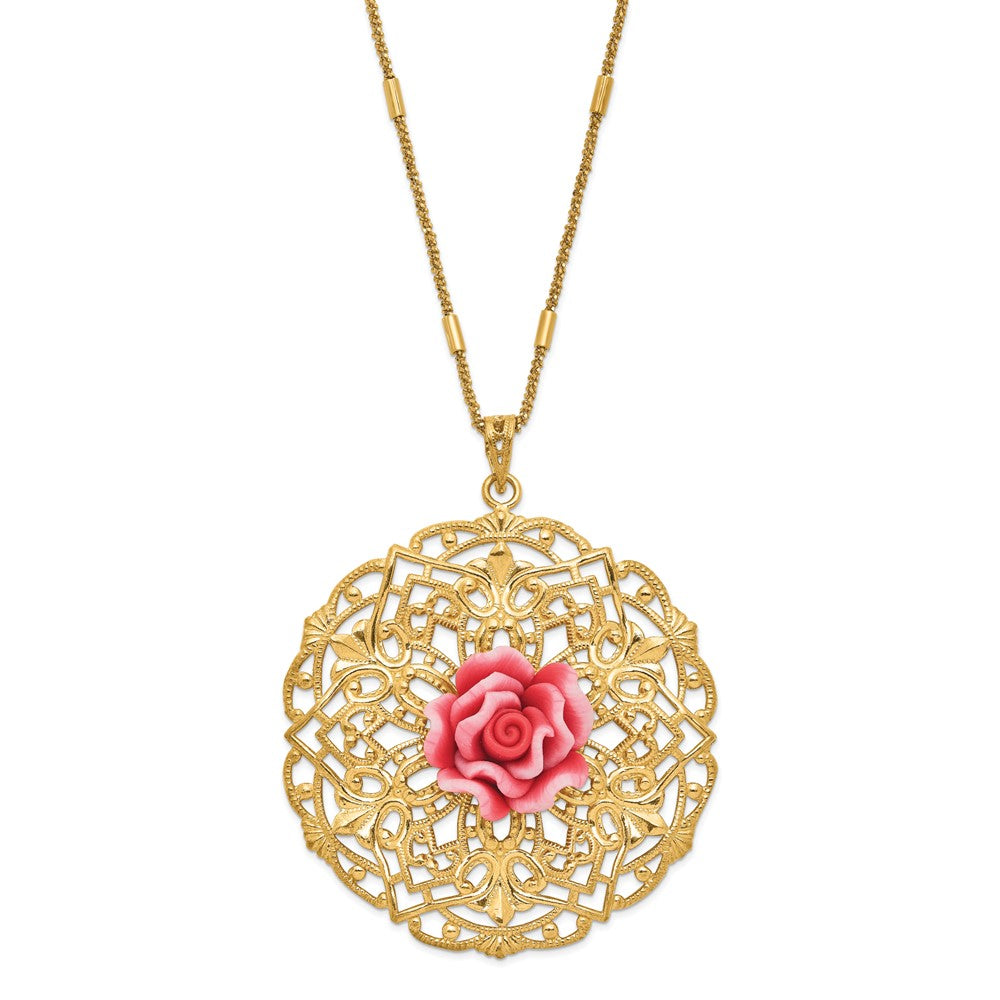 Sterling Silver Gold Tone Polished & Textured Resin Rose Circle Necklace