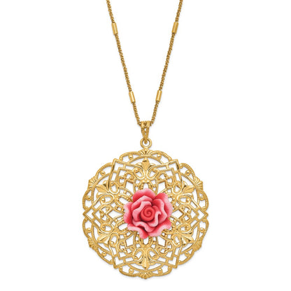 Sterling Silver Gold Tone Polished & Textured Resin Rose Circle Necklace