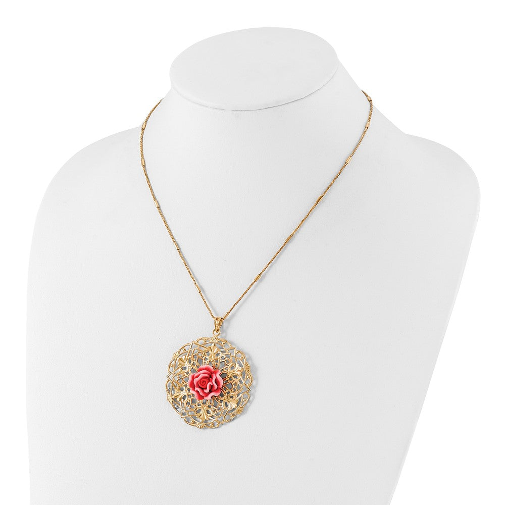 Sterling Silver Gold Tone Polished & Textured Resin Rose Circle Necklace
