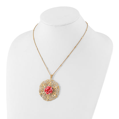 Sterling Silver Gold Tone Polished & Textured Resin Rose Circle Necklace