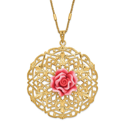 Sterling Silver Gold Tone Polished & Textured Resin Rose Circle Necklace