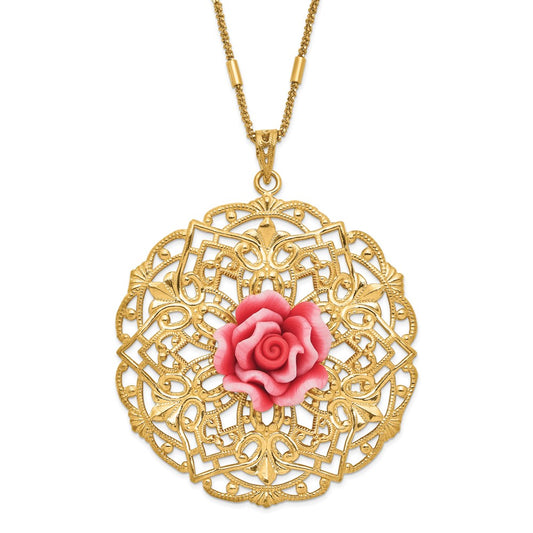 Sterling Silver Gold Tone Polished & Textured Resin Rose Circle Necklace