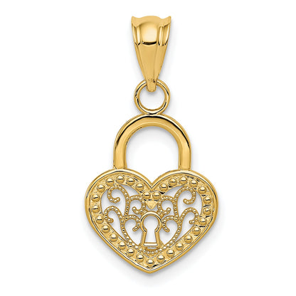 14K Yellow Gold Polished Filigree Heart Lock Charm