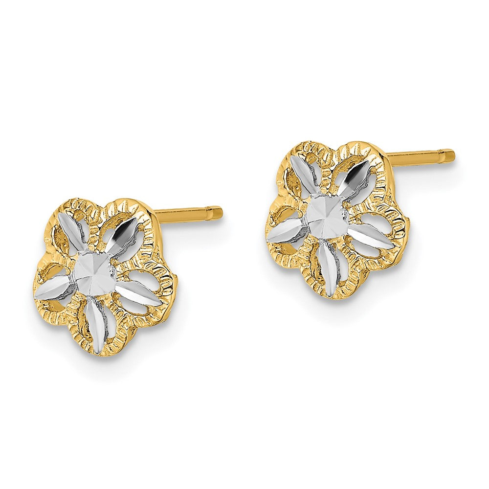 14K Yellow & Rhodium W/Rhodium Diamond-Cut Flower Post Earrings