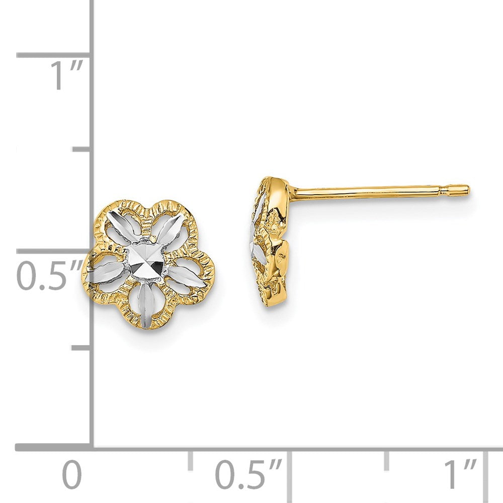 14K Yellow & Rhodium W/Rhodium Diamond-Cut Flower Post Earrings