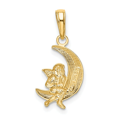 14K Yellow & Rhodium And Polished Moon W/ Angel Pendant