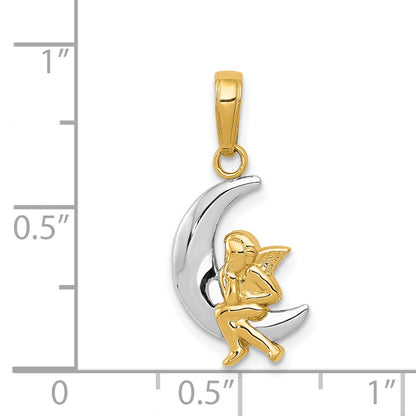 14K Yellow & Rhodium And Polished Moon W/ Angel Pendant