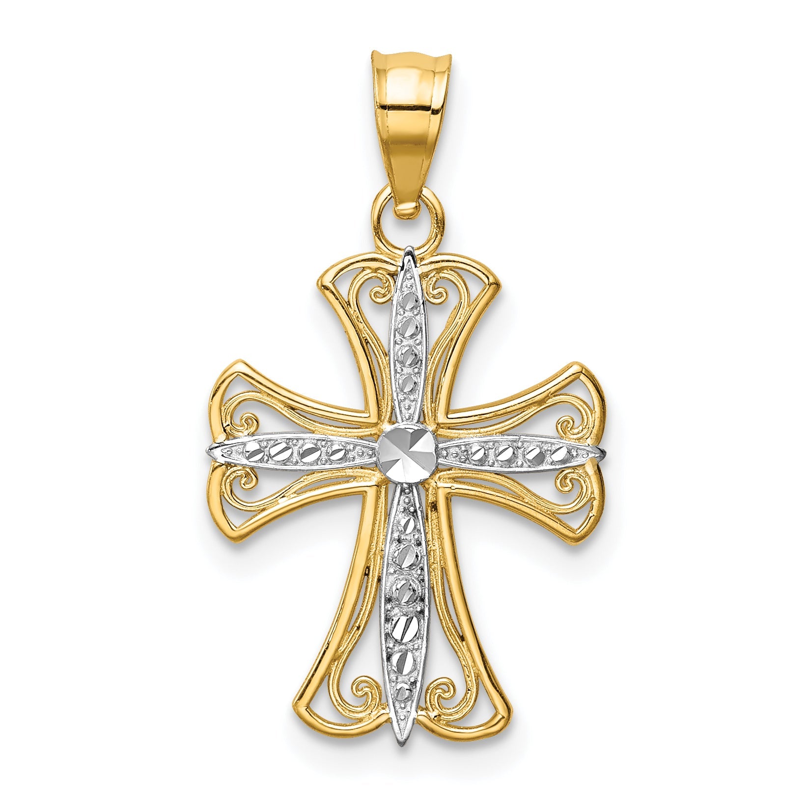 14K Yellow & Rhodium W/Rhodium Diamond-Cut Cross Pendant
