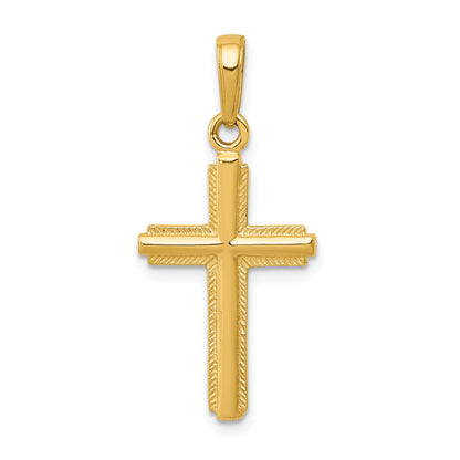14K Yellow Gold Polished Cross With Striped Border Pendant