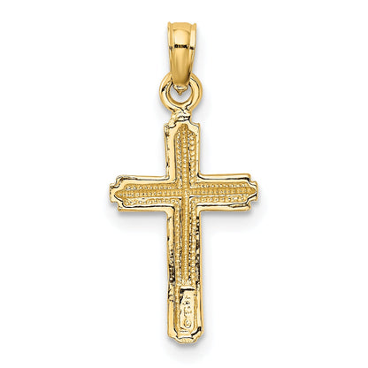 14K Yellow Gold Polished Cross With Stripped Border Pendant