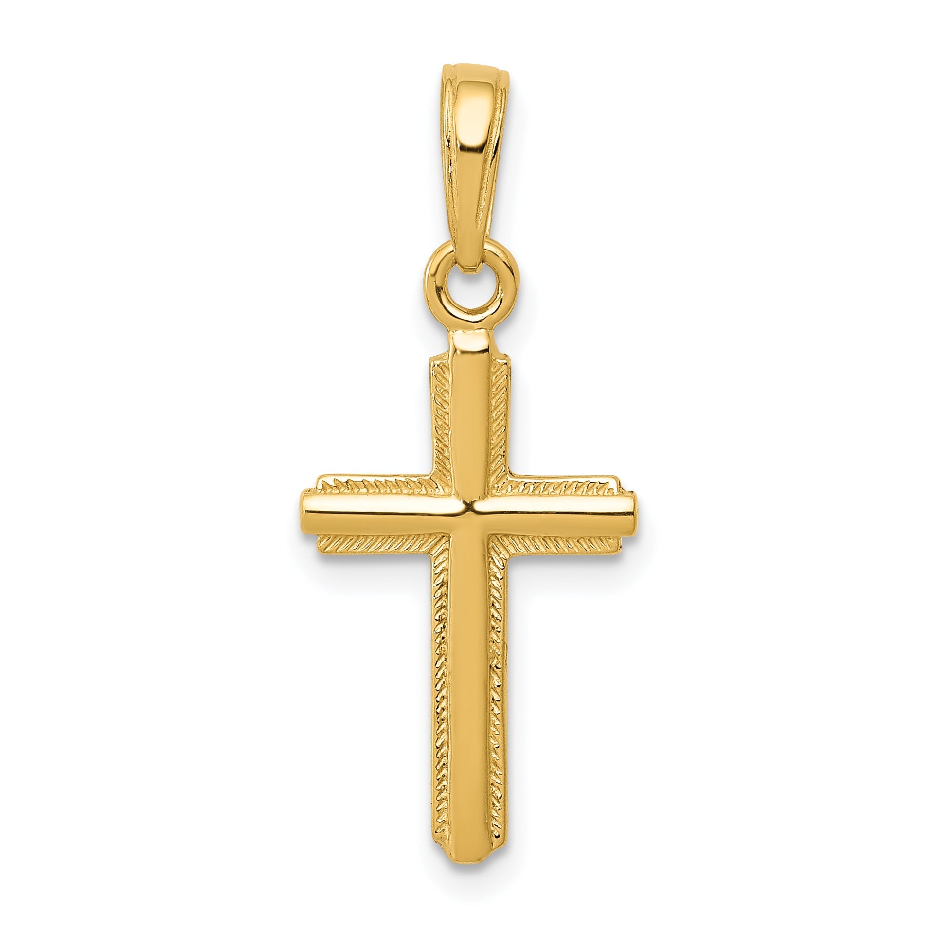 14K Yellow Gold Polished Cross With Stripped Border Pendant