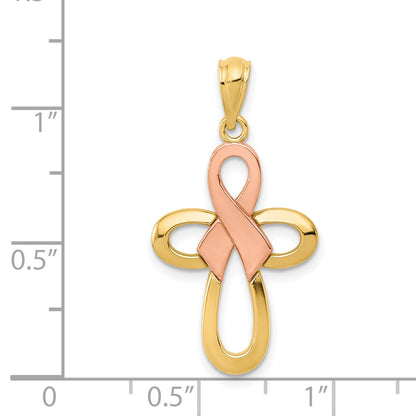 14K Two-Tone Polished Pink Ribbon Cross Pendant