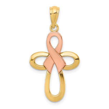 14K Two-Tone Polished Pink Ribbon Cross Pendant