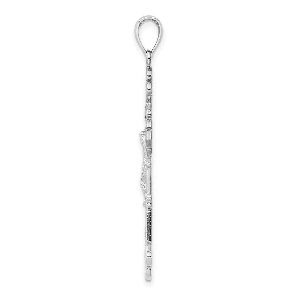 14k White Gold Polished Textured INRI Crucifix Fleur de Lis Pendant