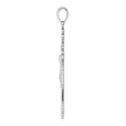 14k White Gold Polished Textured INRI Crucifix Fleur de Lis Pendant
