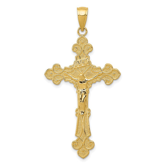 14k Yellow Gold Polished Textured INRI Crucifix Fleur de Lis Pendant