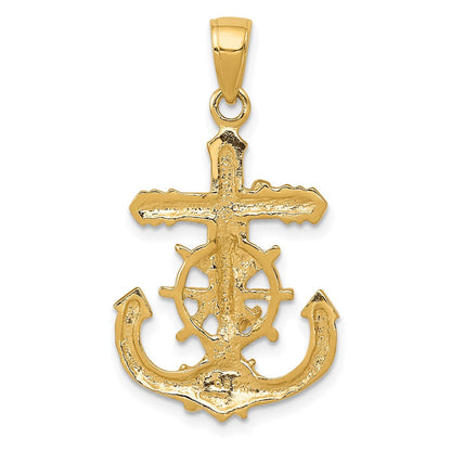 14k Yellow Gold Polished Textured Mariners Crucifix Rope/Wheel Pendant