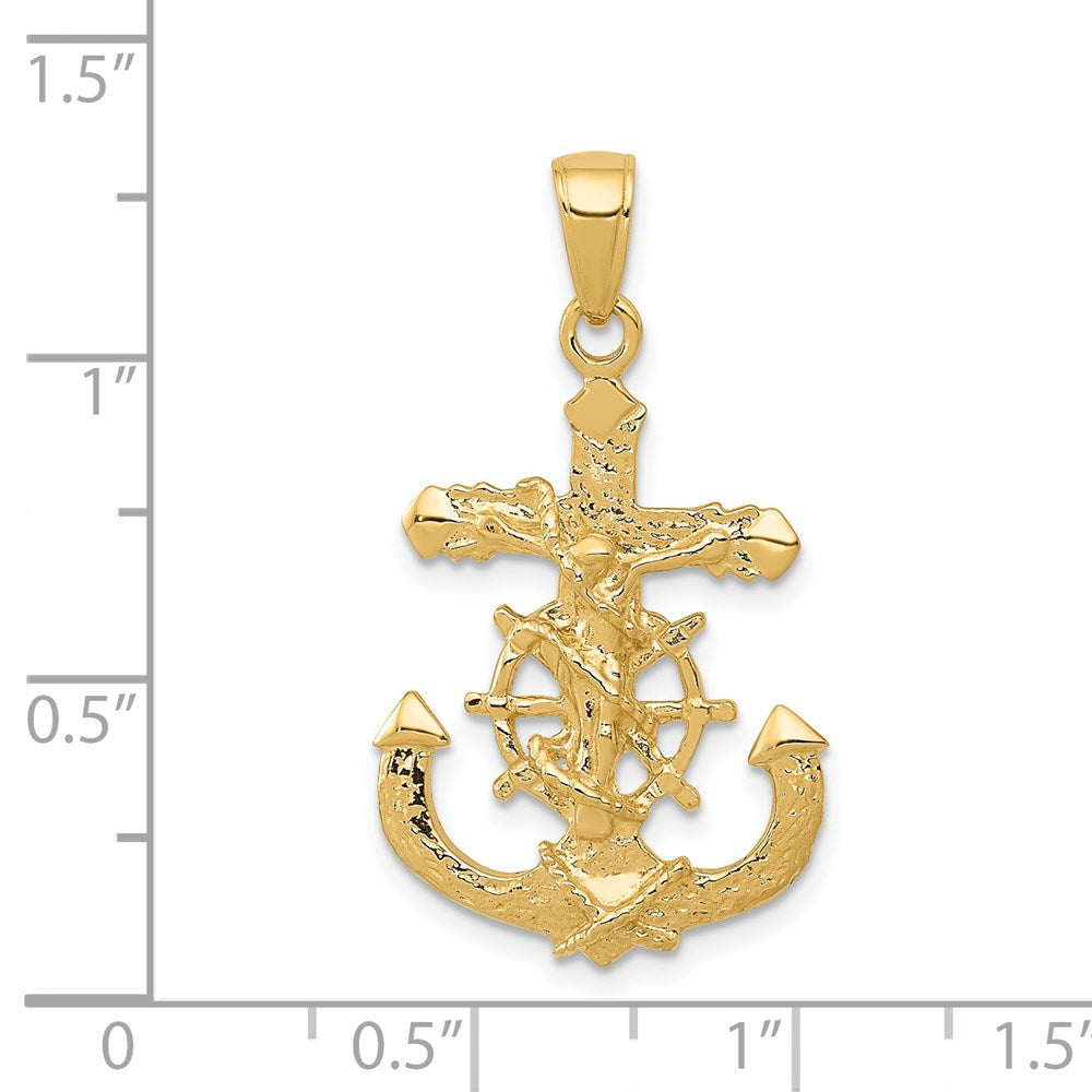 14k Yellow Gold Polished Textured Mariners Crucifix Rope/Wheel Pendant