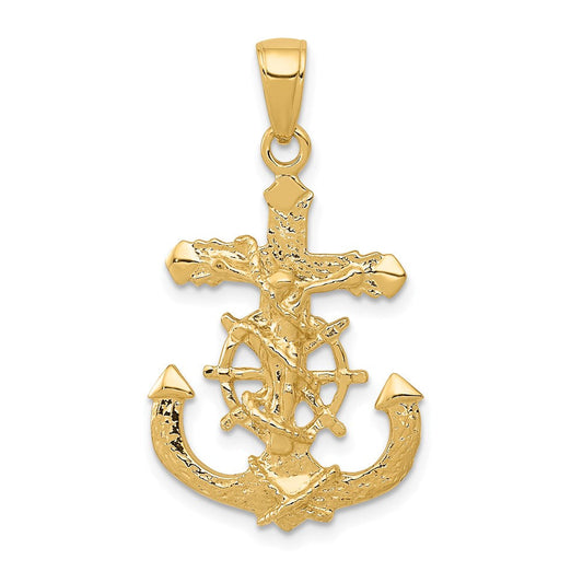 14k Yellow Gold Polished Textured Mariners Crucifix Rope/Wheel Pendant