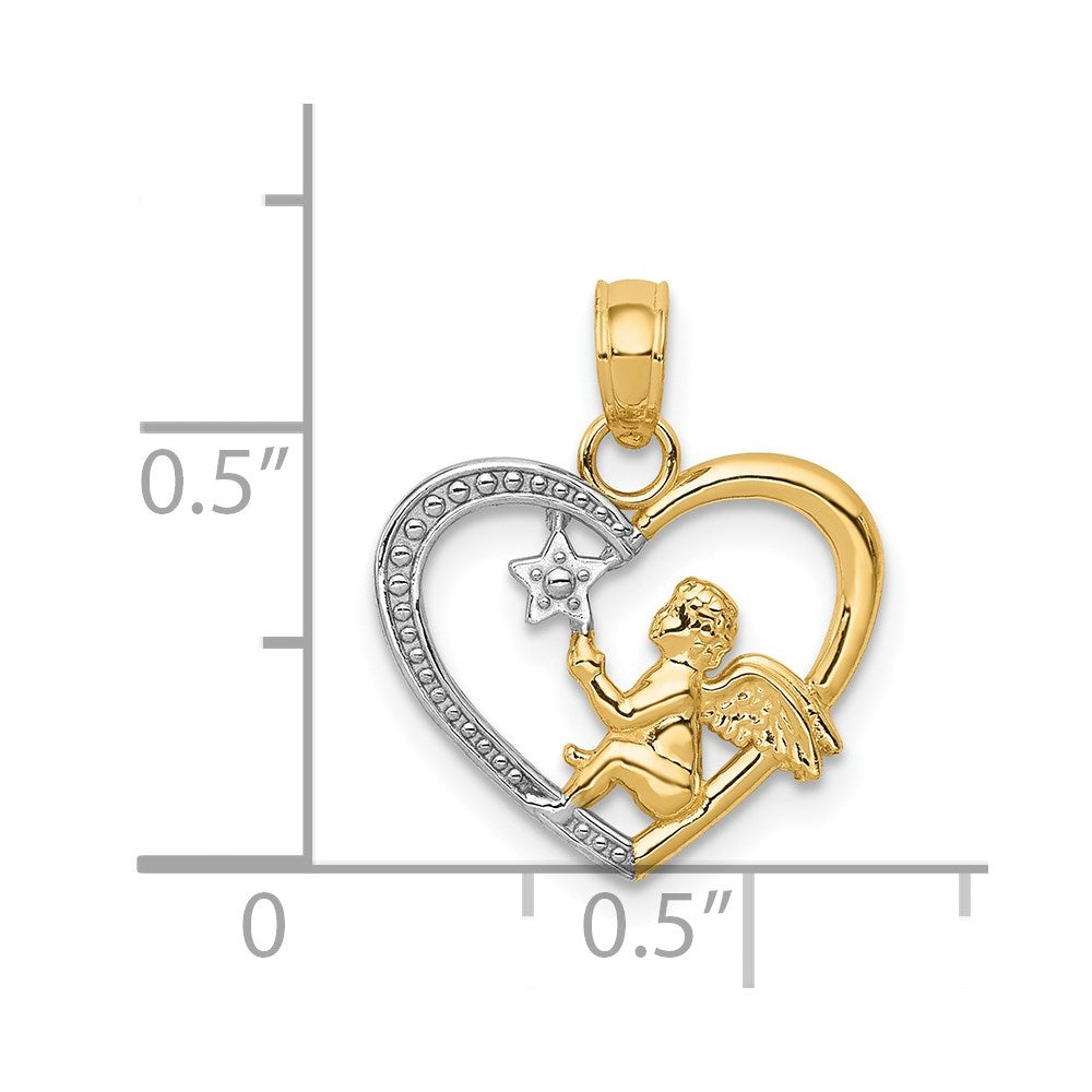 14K Yellow & Rhodium W/Rhodium Angel In Heart W/ Star Pendant