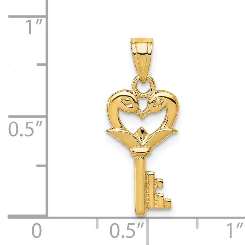 14k Yellow Gold Polished Swans Heart Key Charm