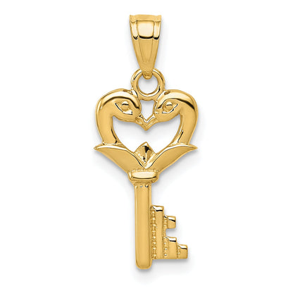14k Yellow Gold Polished Swans Heart Key Charm