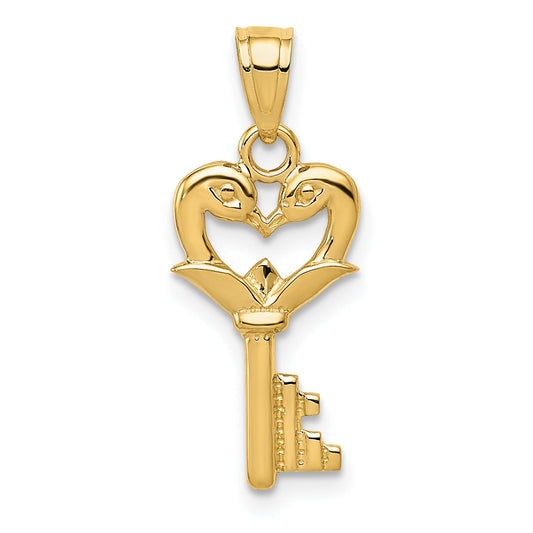 14k Yellow Gold Polished Swans Heart Key Charm