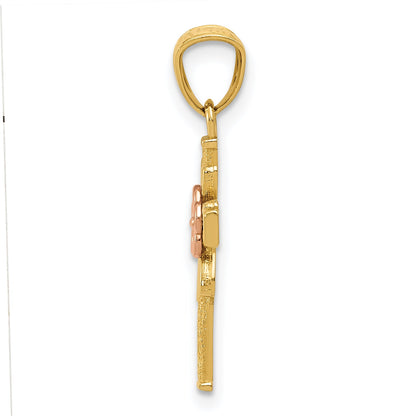 14K Two-Tone Polished D/C Cross W/Flower Pendant