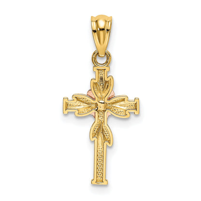 14K Two-Tone Polished D/C Cross W/Flower Pendant