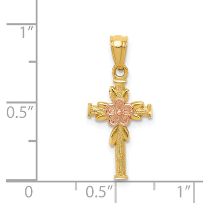 14K Two-Tone Polished D/C Cross W/Flower Pendant