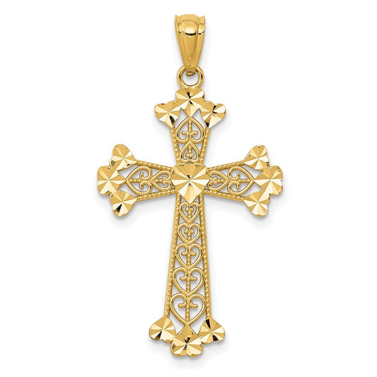 14K Yellow Gold Diamond-Cut Polished Filigree Hearts Cross Pendant